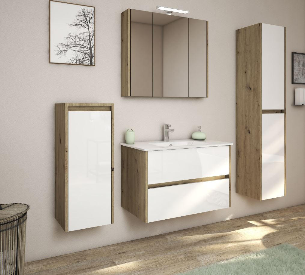 KOMBINOVANI UGRADNI UMIVAONIK  hrast san remo  - bela visoki sjaj/bela, Moderno, pločasti materijal/keramika (80/54/46cm) - Ti'me
