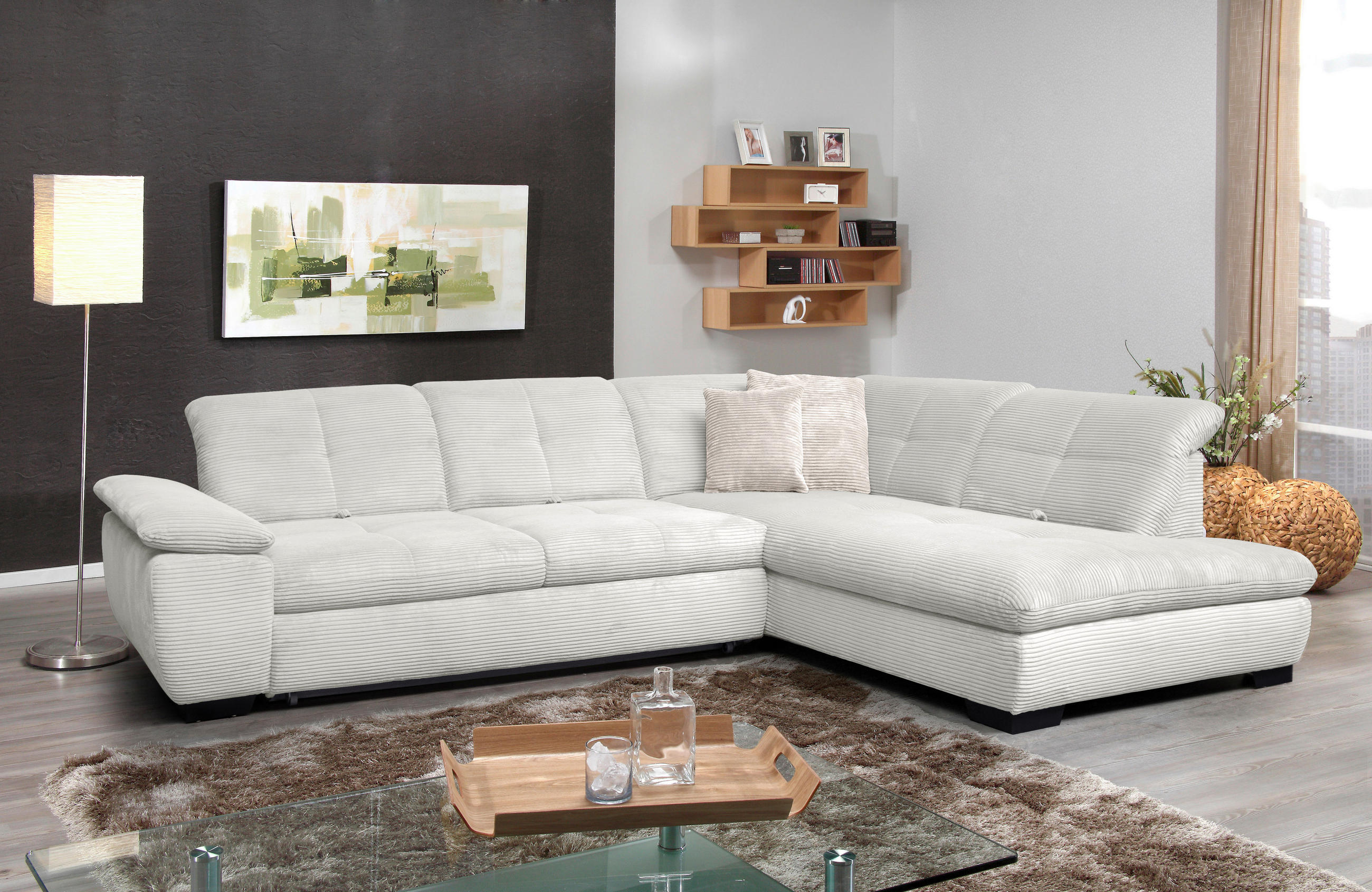 ECKSOFA in Cord Ecru  - Ecru/Schwarz, Design, Textil/Metall (313/242cm) - Xora