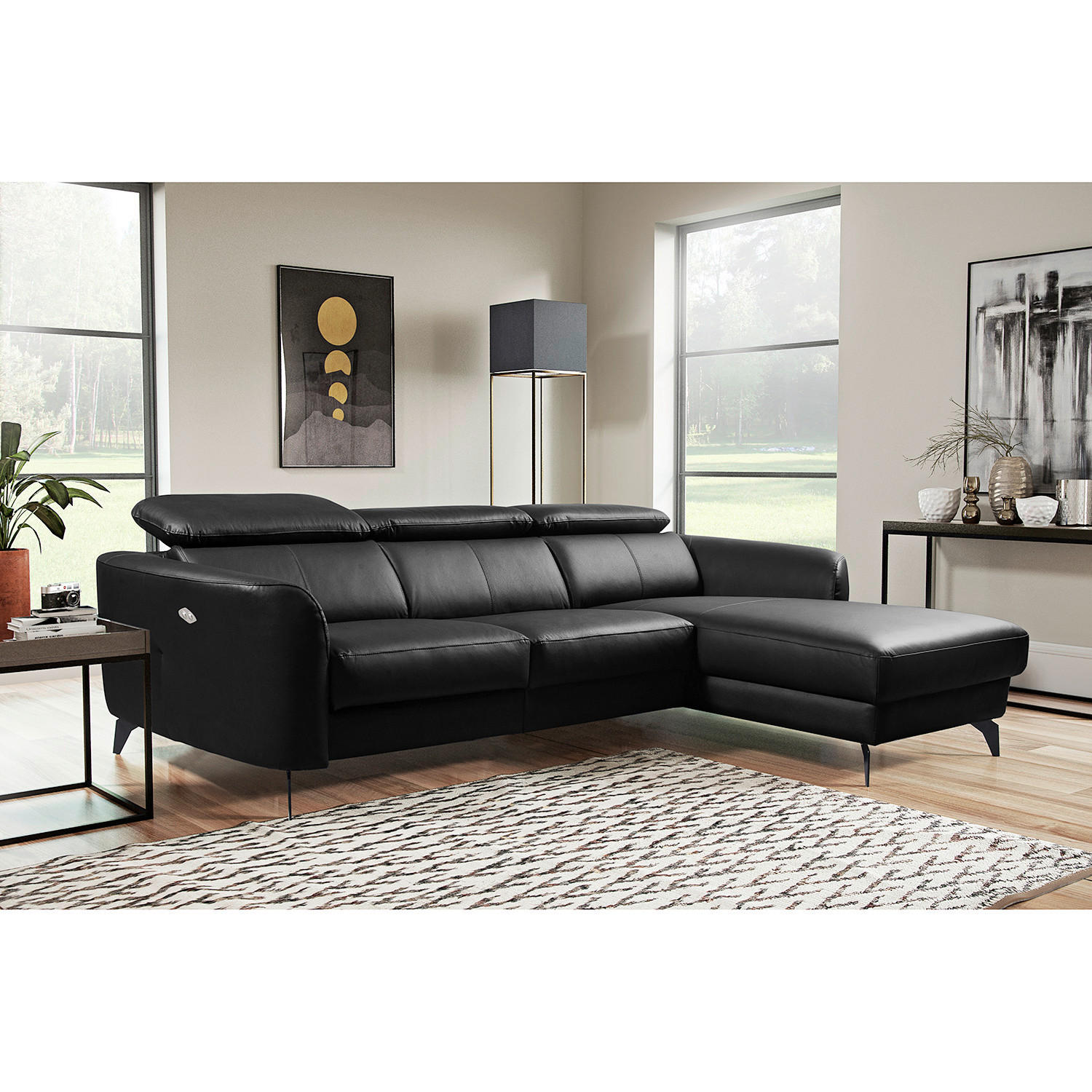 ECKSOFA Schwarz Echtleder Lederlook  - Schwarz, Design, Leder/Textil (261/183cm) - Livetastic