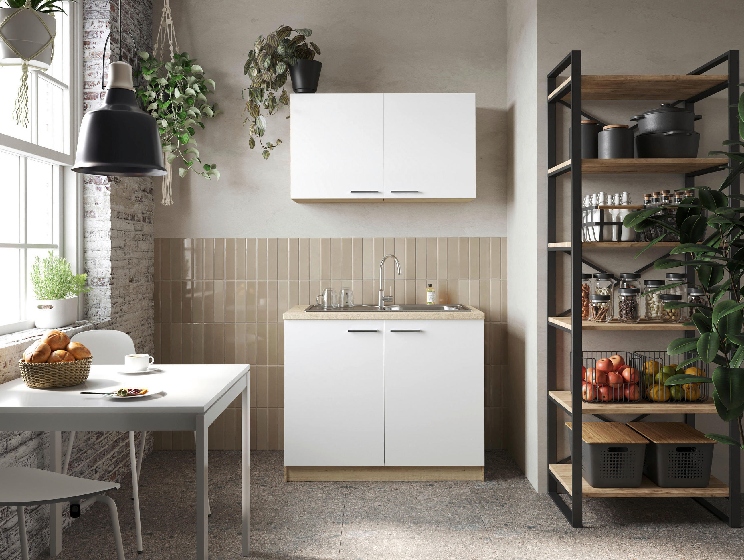 MINIKÜCHE 100 cm   in Weiß, Eichefarben  - Eichefarben/Silberfarben, Basics, Holzwerkstoff/Metall (100cm) - Respekta