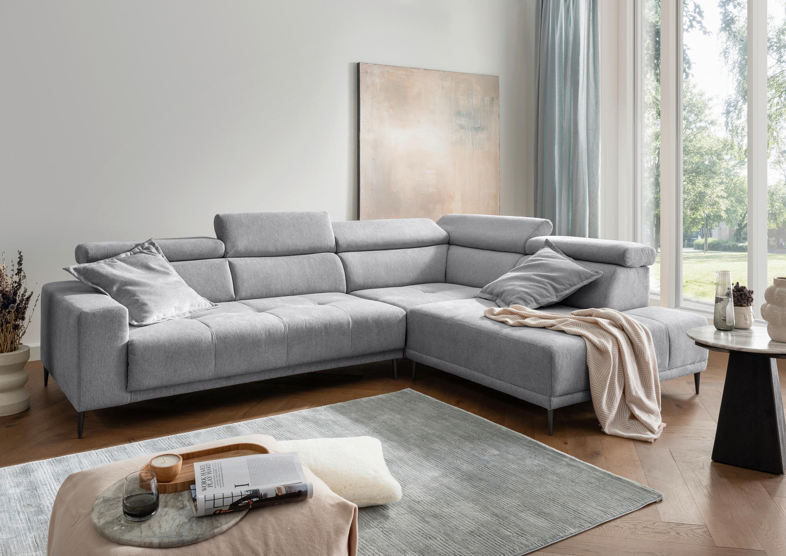 ECKSOFA INTERA in Chenille Silberfarben  305/225 cm  - Silberfarben/Schwarz, KONVENTIONELL, Textil/Metall (305/225cm) - Livetastic
