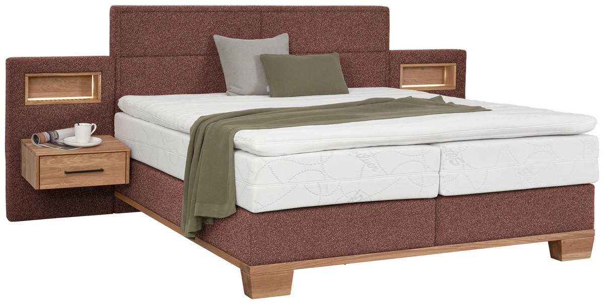 BOXSPRINGBETT 200/200 cm  in Eichefarben, Dunkelrot  - Eichefarben/Dunkelrot, Natur, Holz/Textil (200/200cm) - Valnatura
