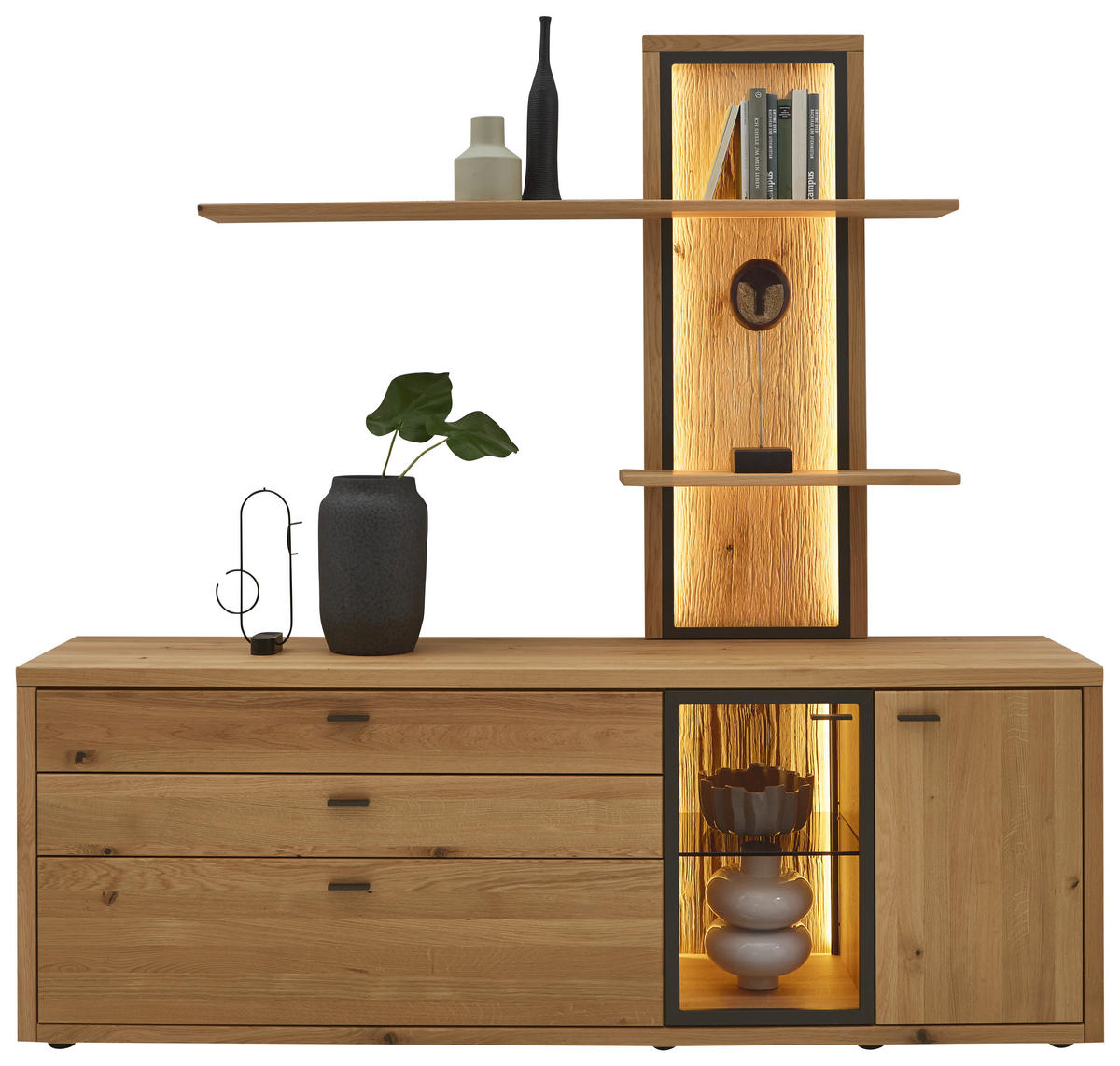 WOHNWAND  in Eichefarben 208/202/45 cm  - Dunkelgrau/Eichefarben, Design, Glas/Holz (208/202/45cm) - Valnatura