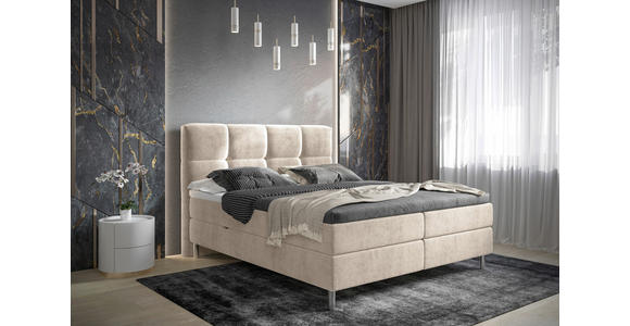 BOXBETT 140/200 cm,  in Beige, gepolstertes Kopfteil, Bettkasten, Topper, H3 = fest  - Chromfarben/Beige, Design, Holz/Holzwerkstoff (140/200cm) - Esposa