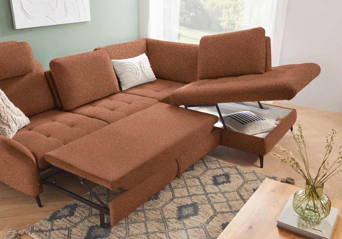 ECKSOFA in Bouclé Cognac  - Cognac/Schwarz, Natur, Textil/Metall (288/233cm) - Valnatura