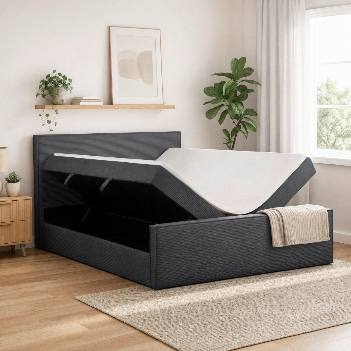 BOXBETT 180/200 cm,  in Anthrazit, gepolstertes Kopfteil, Bettkasten, Topper, Matratzen, H3 + H3 = fest  - Anthrazit/Schwarz, Basics, Kunststoff/Textil (180/200cm) - Chameo