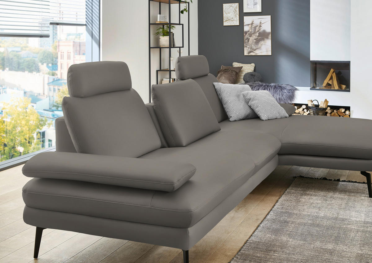 ECKSOFA in Echtleder Hellgrau  - Hellgrau/Schwarz, Design, Leder/Metall (310/180cm) - Dieter Knoll