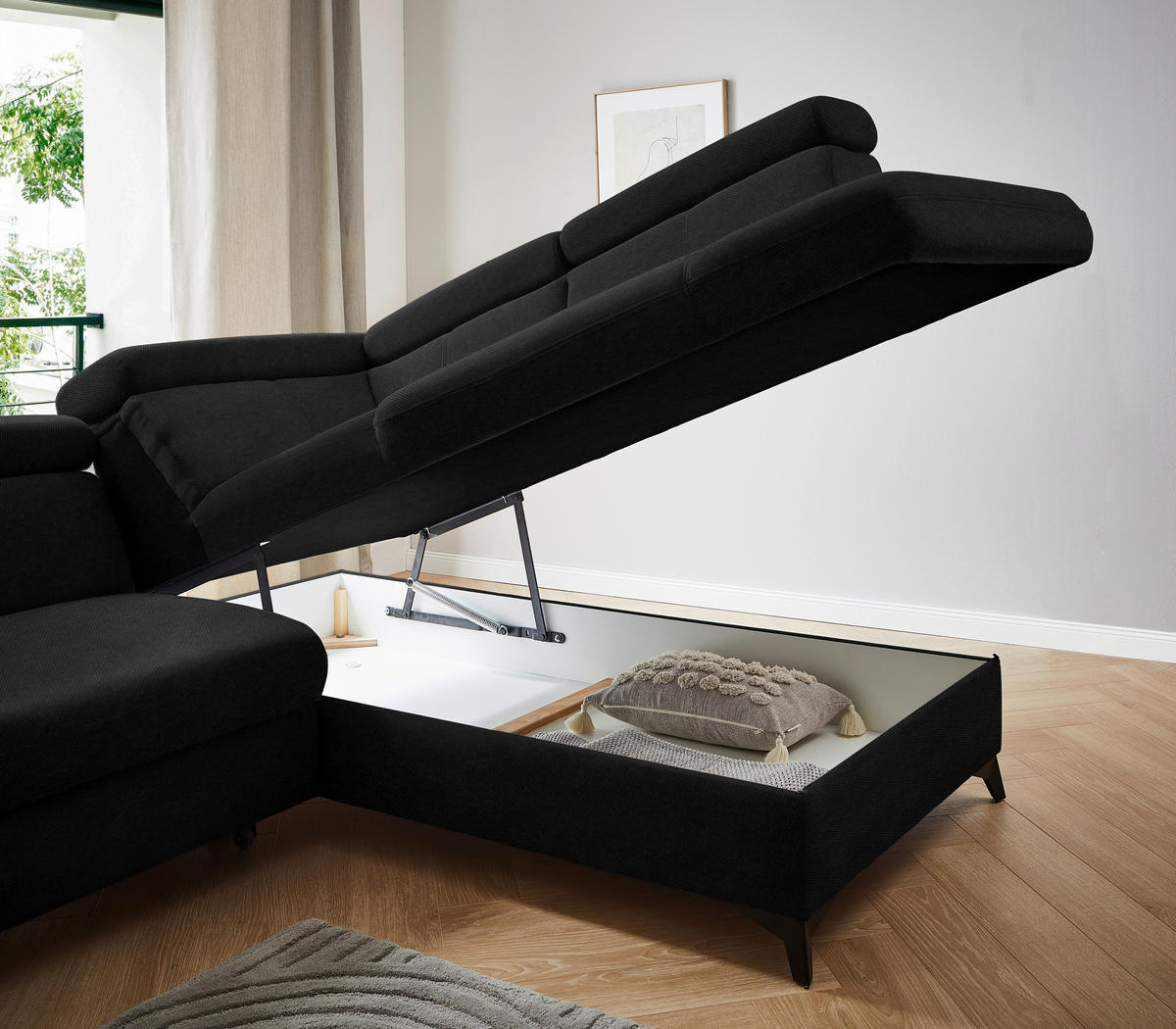 ECKSOFA in Webstoff Schwarz  - Schwarz, Design, Textil/Metall (260/203cm) - Stylife