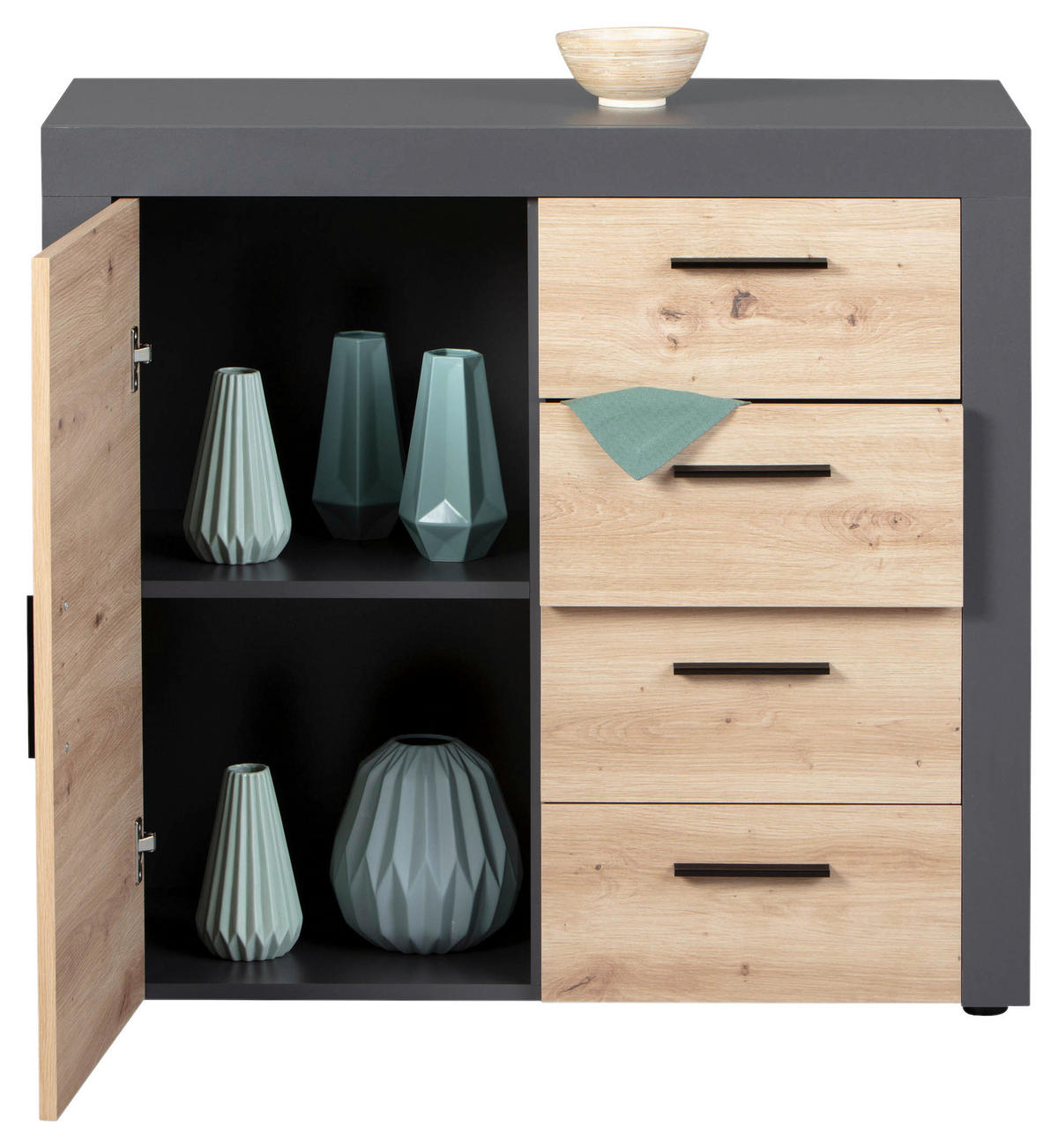 KOMODA, antracitová, dub artisan, 94/86/40 cm - černá/antracitová, Konvenční, kompozitní dřevo/plast (94/86/40cm) - MID.YOU