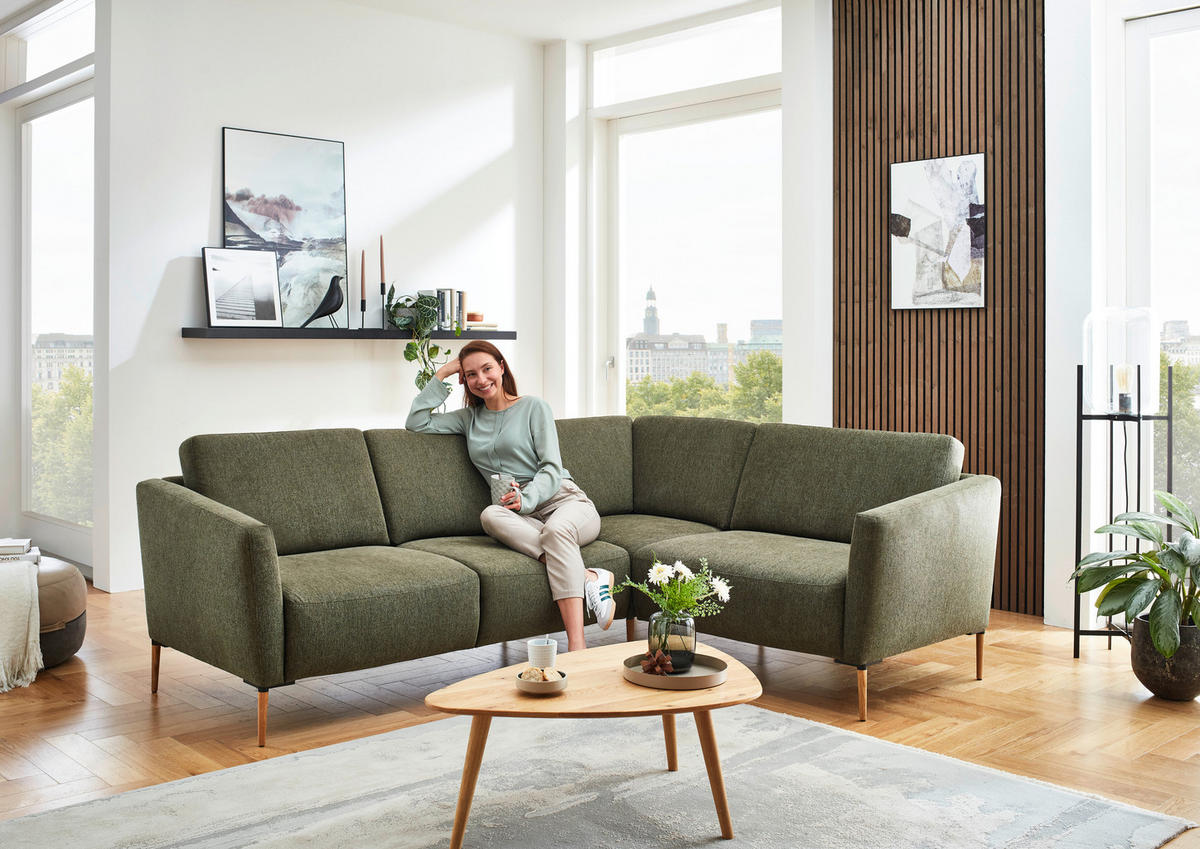 ECKSOFA in Flachgewebe Olivgrün  238/186 cm  - Eichefarben/Olivgrün, Design, Holz/Textil (238/186cm) - Valnatura