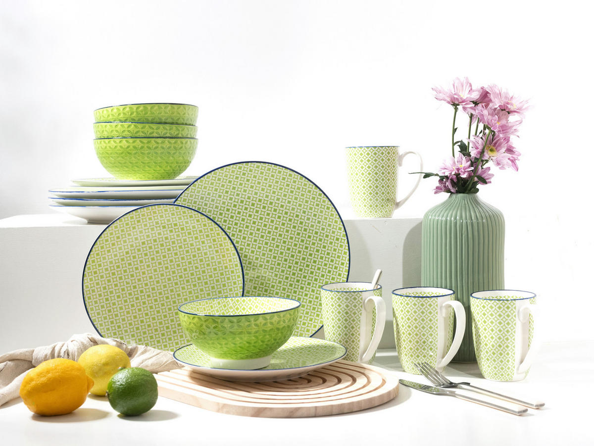 KOMBISERVICE Mediterran Grün 16-teilig  - Weiß/Hellgrün, Basics, Keramik - Creatable