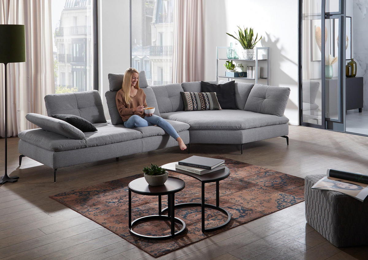 ECKSOFA Hellgrau Flachgewebe  - Hellgrau/Schwarz, Design, Textil/Metall (344/159cm) - Chilliano