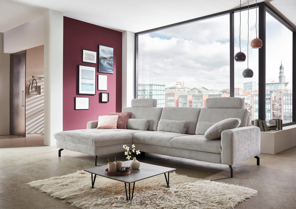 ECKSOFA in Cord Grau  - Schwarz/Grau, Design, Textil/Metall (178/302cm) - Beldomo Style