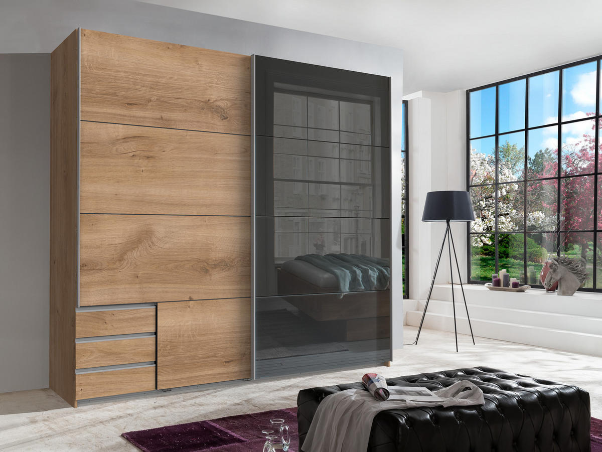 OMARA Z DRSNIMI VRATI, hrast siva, barve hrasta  - siva/barve hrasta, Design, steklo/leseni material (225/208/65cm) - Novel