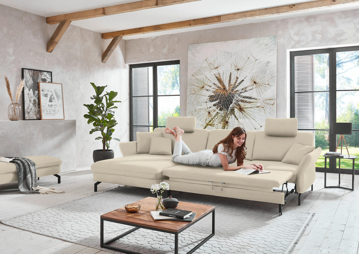 ECKSOFA in Velours Creme  - Creme/Schwarz, Design, Textil/Metall (179/306cm) - Beldomo System
