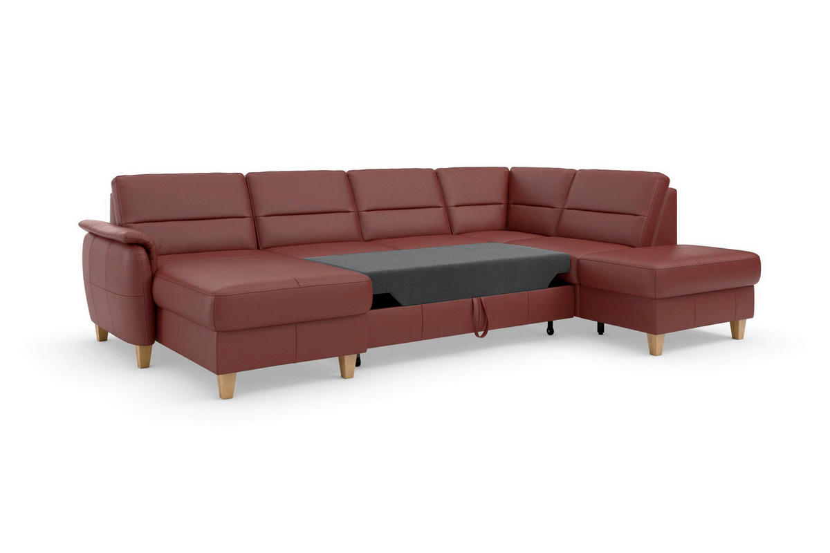 SEDACIA SÚPRAVA, textil, koža, červenohnedá - červenohnedá/farba duba, Basics, koža/drevo (163/308/212cm) - Sit & More