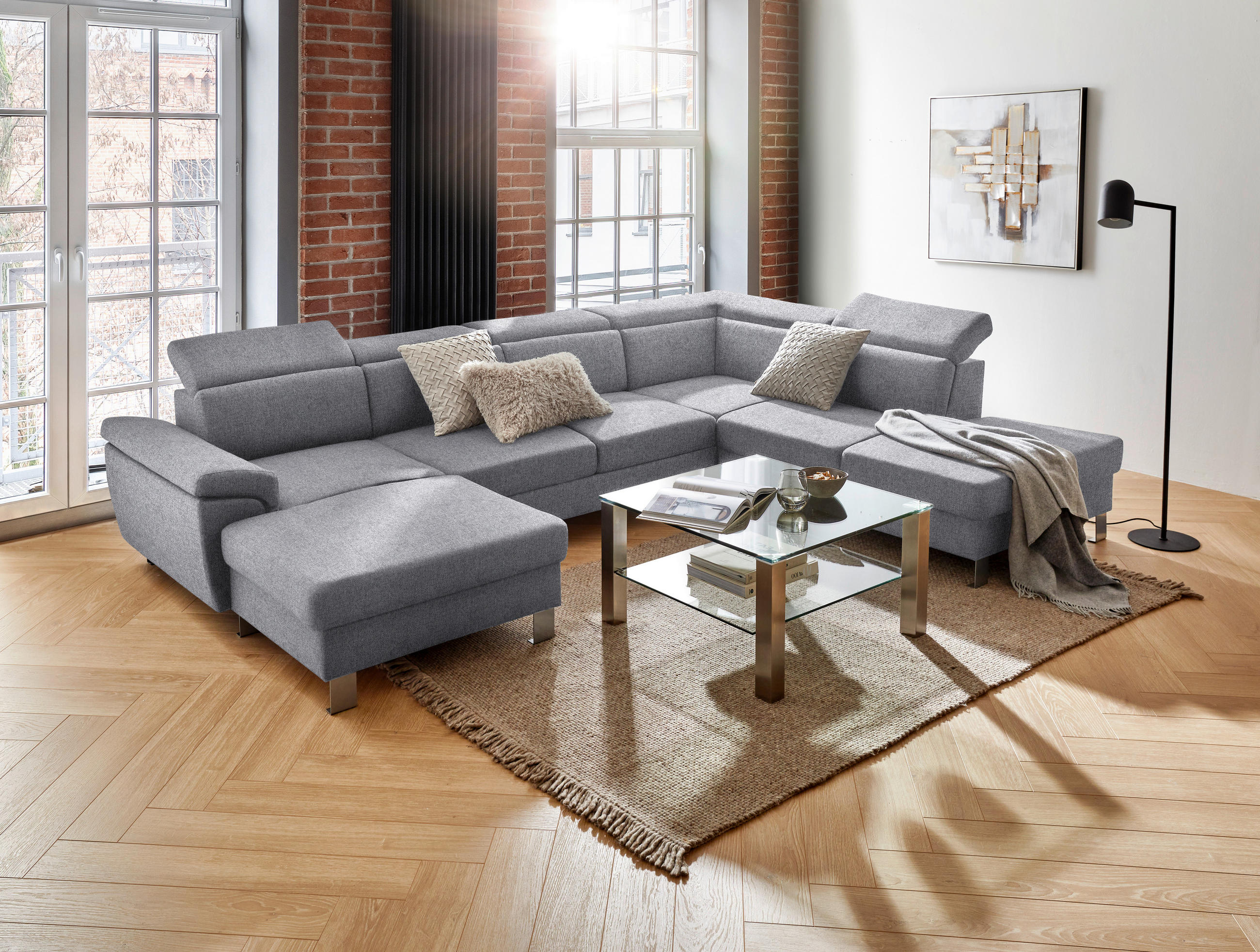 WOHNLANDSCHAFT inkl.Funktionen Hellgrau Webstoff  - Silberfarben/Hellgrau, Design, Textil/Metall (168/320/226cm) - Xora