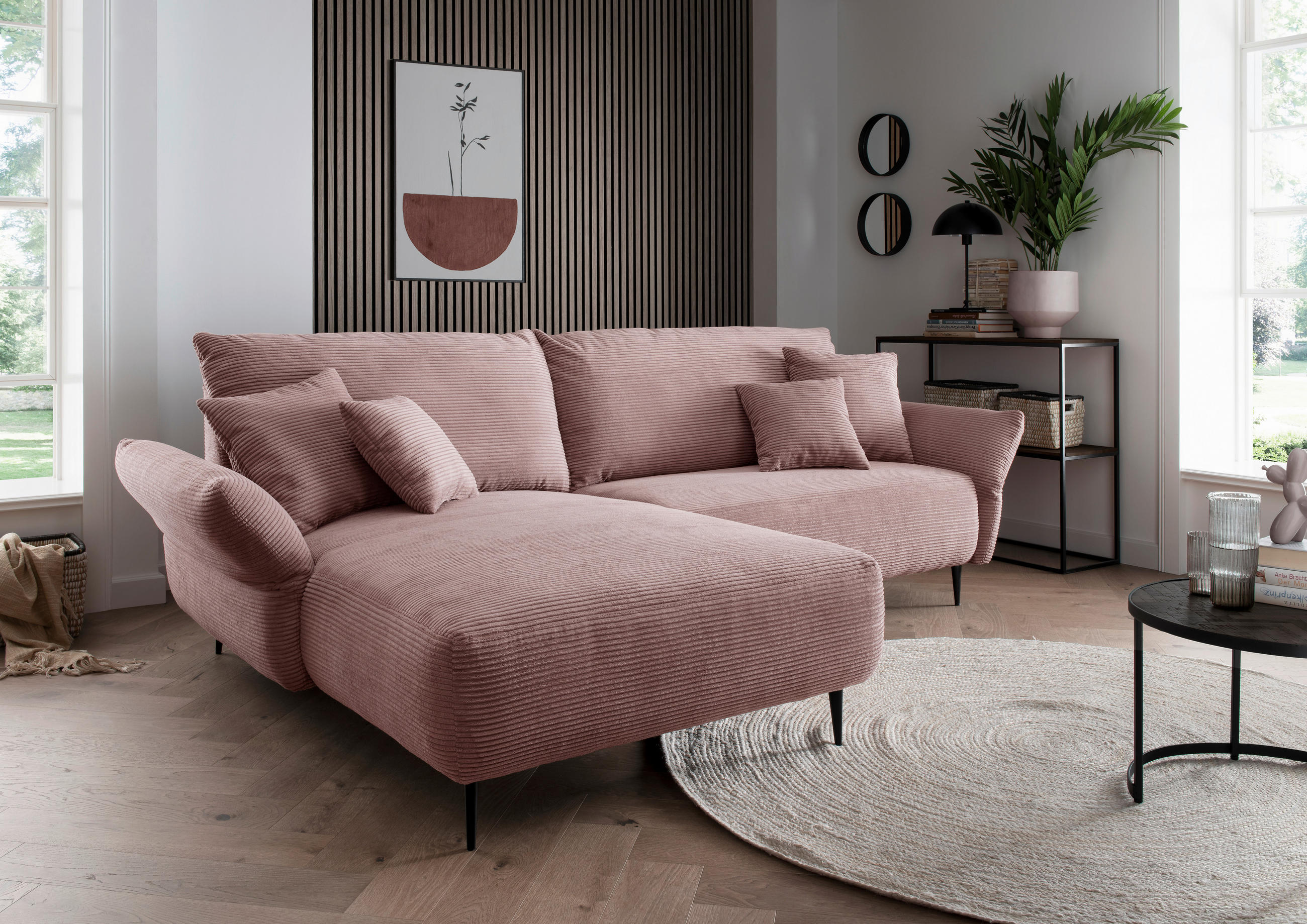 ECKSOFA Rosa Cord  - Schwarz/Rosa, Design, Textil/Metall (286/178cm) - Livetastic