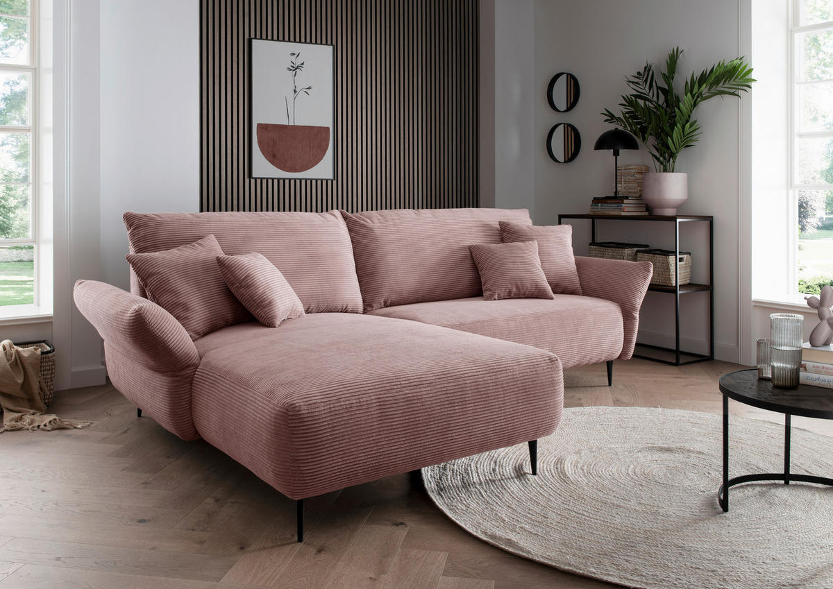 ECKSOFA in Cord Rosa  - Schwarz/Rosa, Design, Textil/Metall (178/264-302cm) - Livetastic