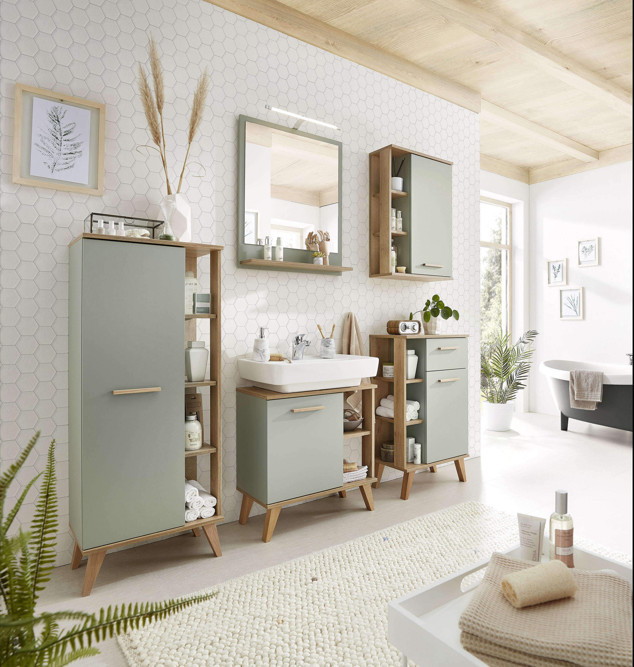 MIDISCHRANK 50,5/128/33 cm - Eichefarben/Pastellgrün, ROMANTIK / LANDHAUS, Glas/Holzwerkstoff (50,5/128/33cm) - Xora