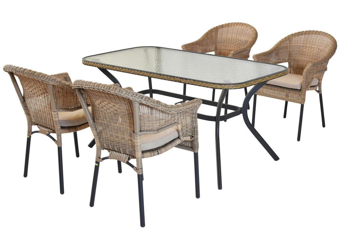 GARTENTISCHGRUPPE  - Beige/Graphitfarben, KONVENTIONELL, Glas/Kunststoff - Gardenson