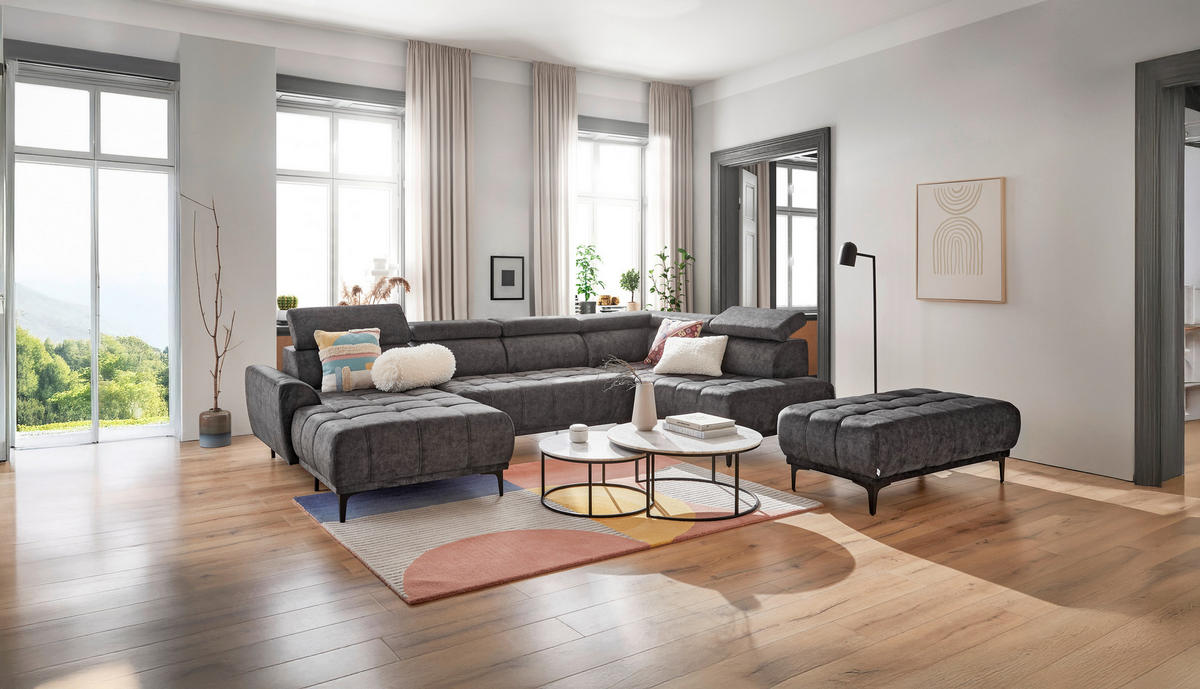 WOHNLANDSCHAFT Graphitfarben Velours  - Schwarz/Graphitfarben, Design, Textil/Metall (172/340/191cm) - Stylife