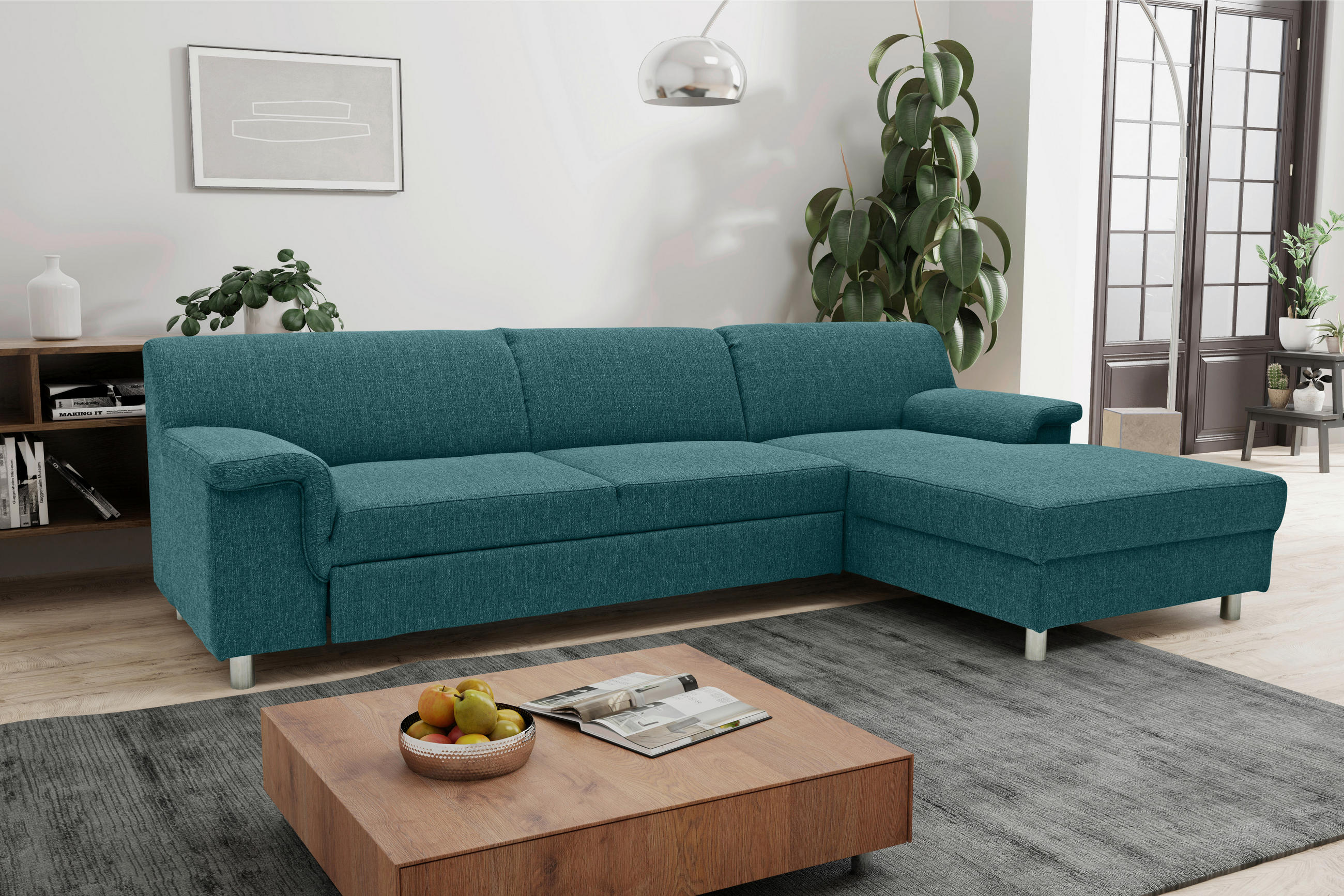 ECKSOFA Petrol Webstoff - Chromfarben/Petrol, KONVENTIONELL, Textil/Metall (251/150cm) - MID.YOU