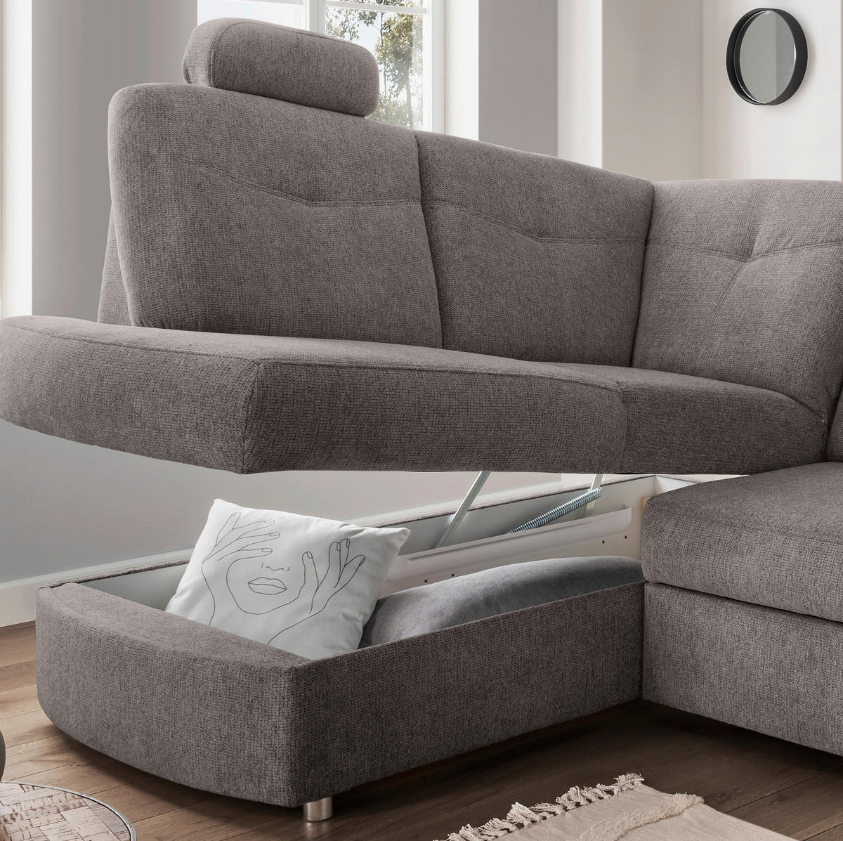 ECKSCHLAFSOFA  mit Liegefunktion, seitenverkehrt erhältlich, Schlafen auf Sitzhöhe, Rücken echt, Armteil rechts Chenille Graubraun  - Chromfarben/Graubraun, MODERN, Kunststoff/Textil (180/264cm) - Livetastic
