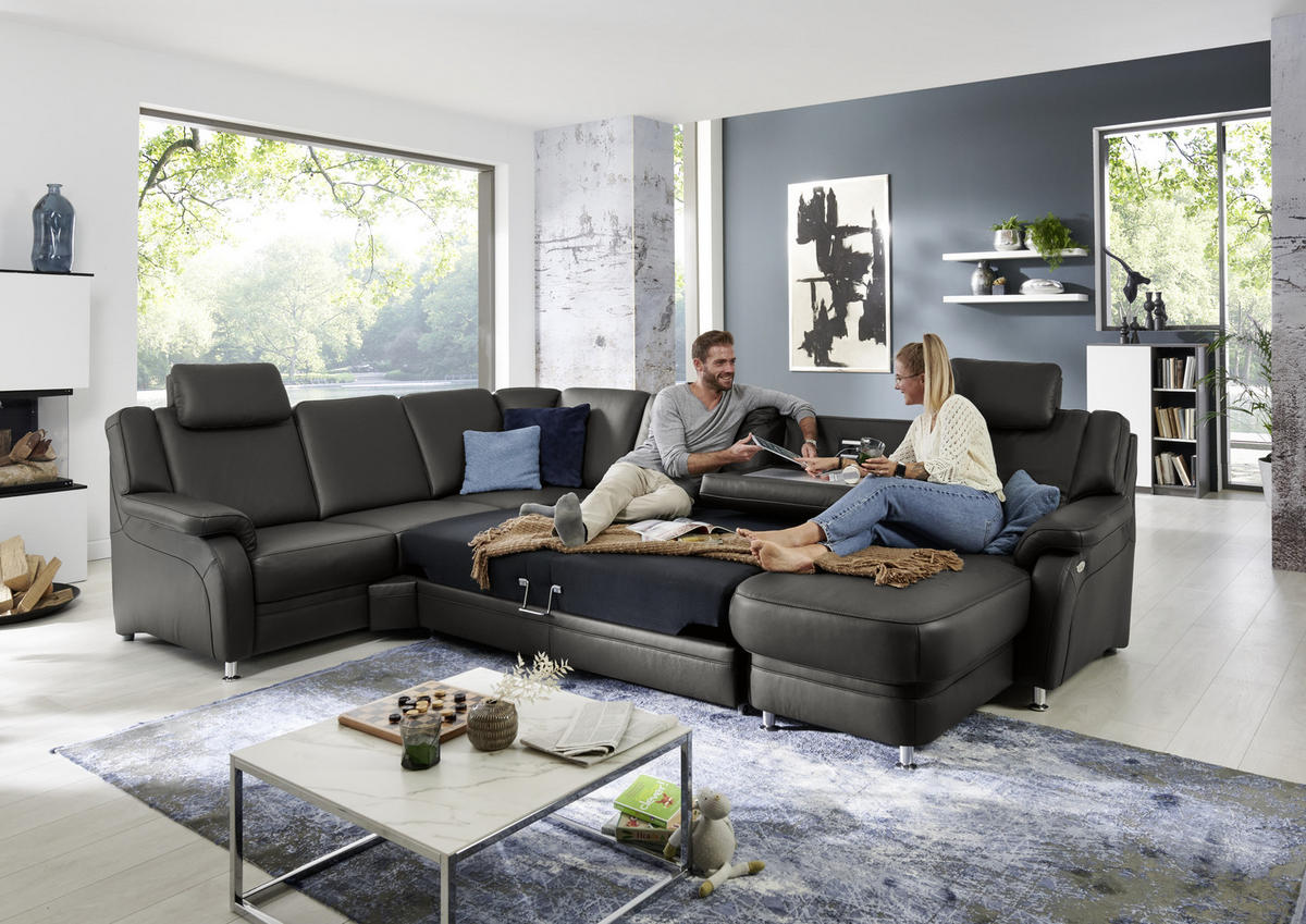 WOHNLANDSCHAFT in Echtleder Anthrazit  - Anthrazit/Alufarben, Konventionell, Leder/Metall (239/329/165cm) - Beldomo Premium