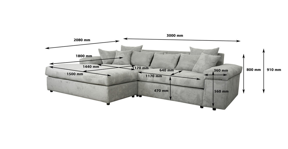 ECKSOFA Grau Cord Zierkissen, Rückenkissen, Rücken echt  - Schwarz/Grau, MODERN, Kunststoff/Textil (300/208cm) - Carryhome
