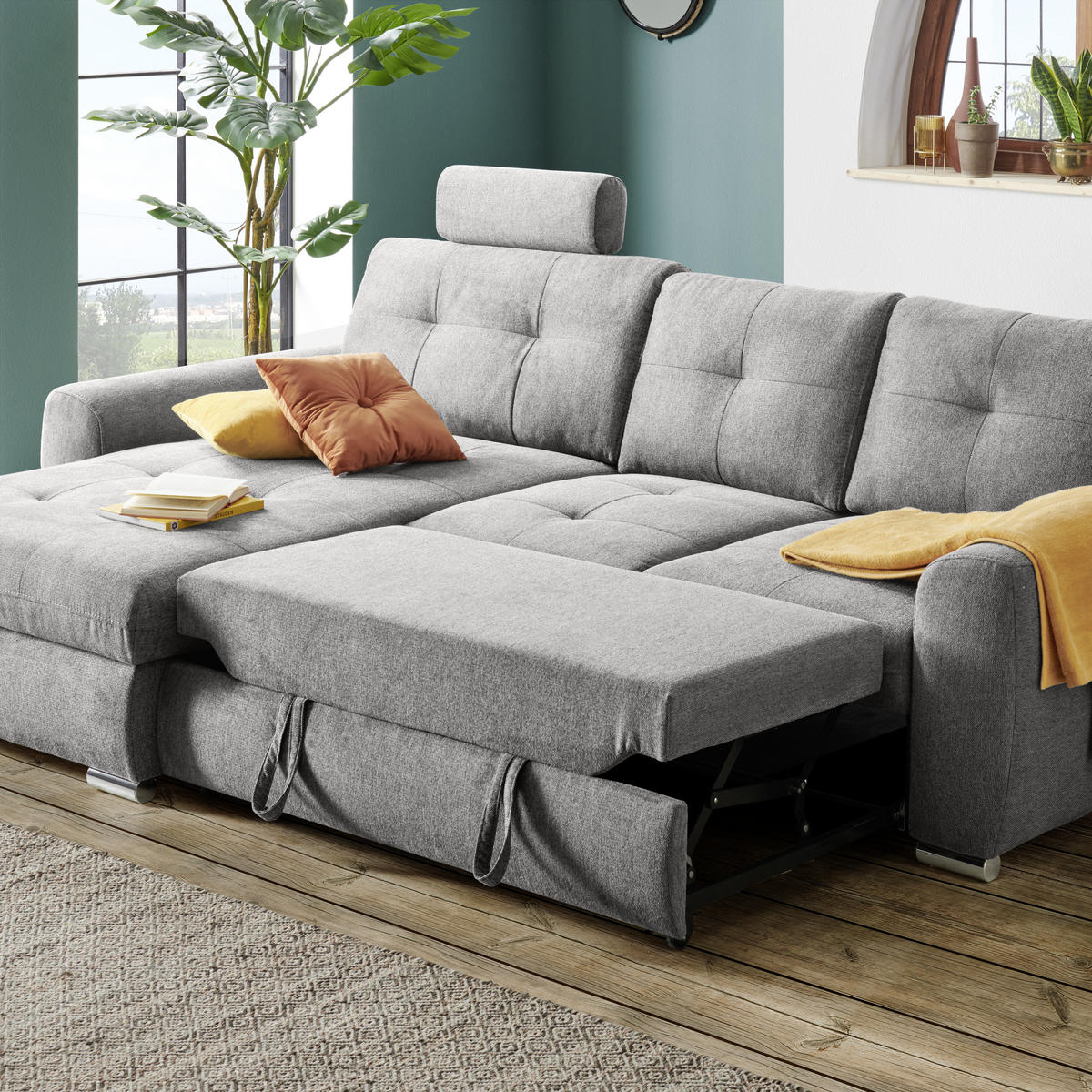 ECKSOFA in Mikrofaser Grau  - Chromfarben/Grau, Modern, Kunststoff/Textil (276/193cm) - Hom`in