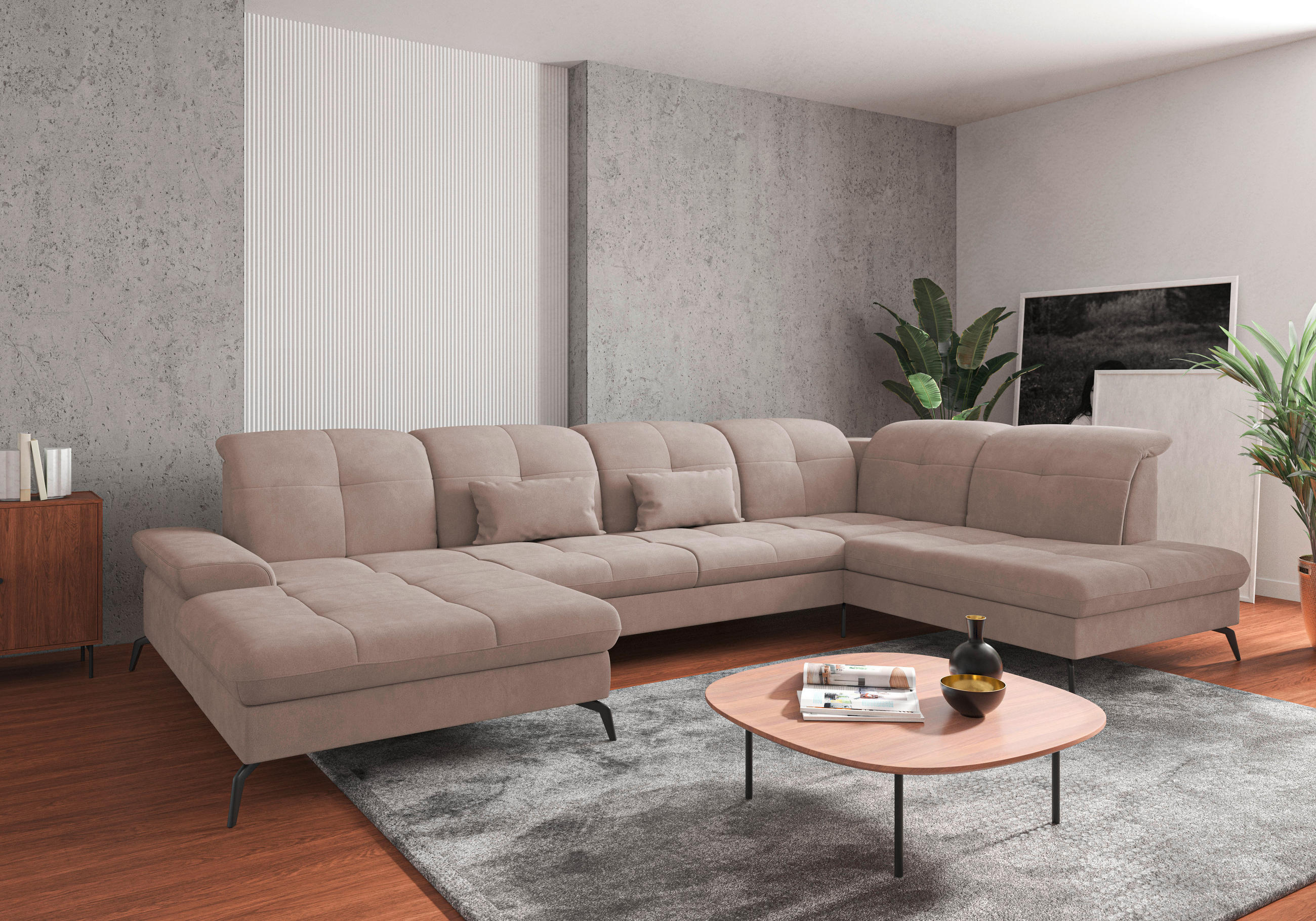 WOHNLANDSCHAFT in Flachgewebe Greige  - Greige/Schwarz, Konventionell, Textil/Metall (185/357/231cm) - Sit & More