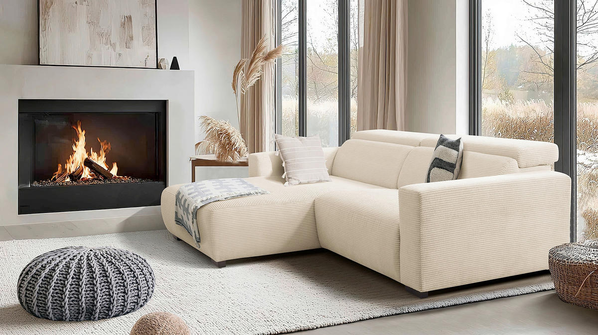 ECKSOFA RENO Beige Cord Relaxfunktion, Kopfteilverstellung  - Beige/Schwarz, Design, Kunststoff/Textil (184/248cm) - Livetastic
