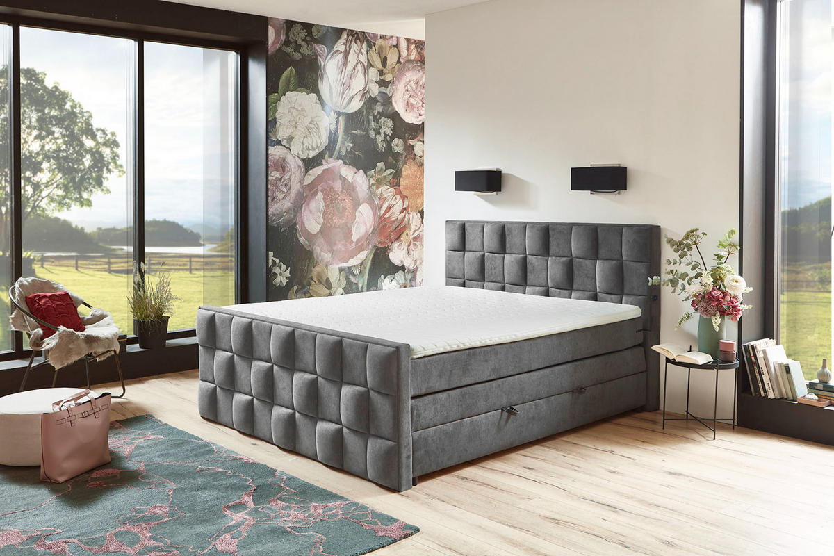 BOXSPRING KREVET     - siva/crna, Moderno, tekstil (165/230cm)