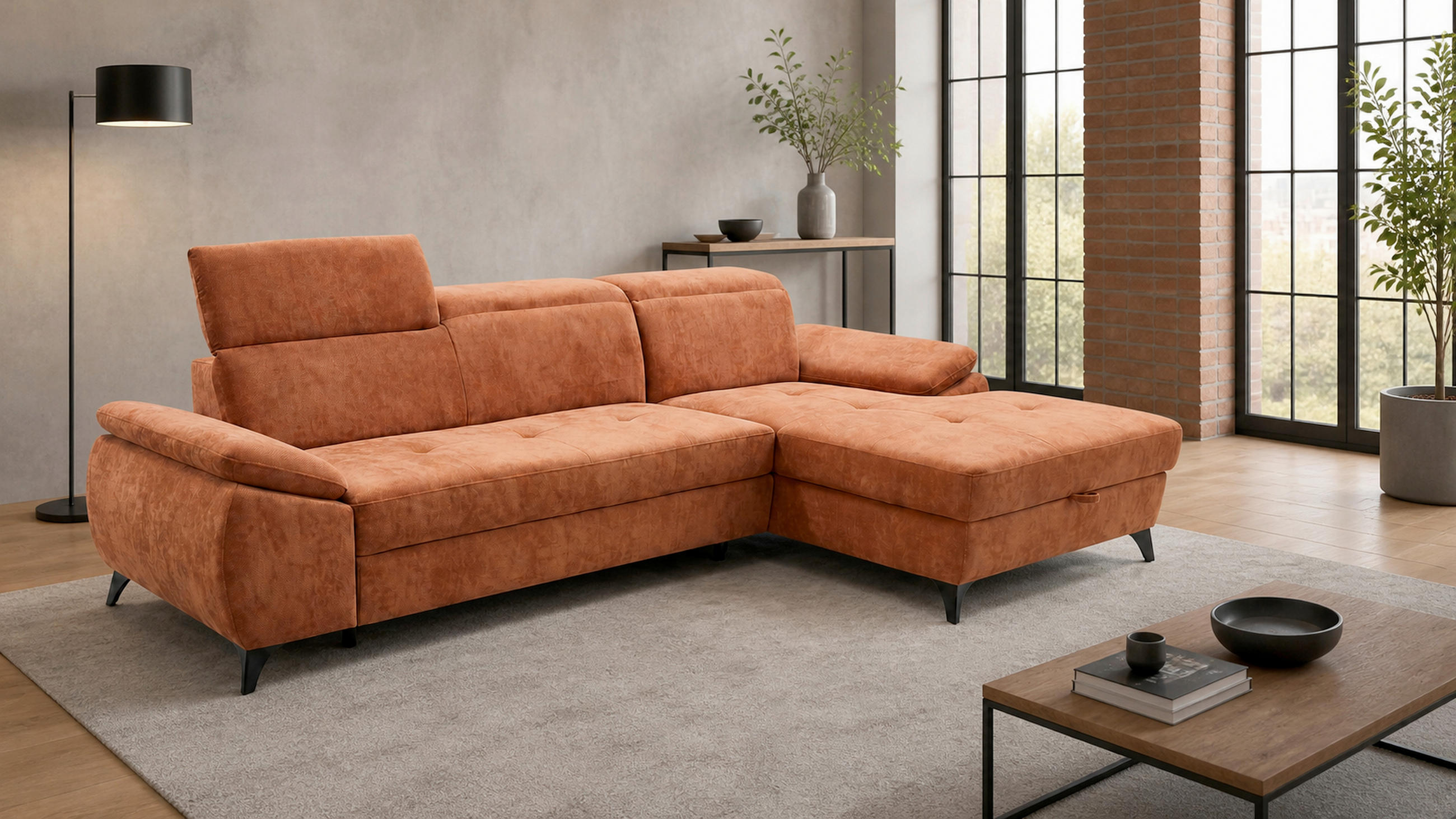 ECKSOFA TAOS Rostfarben Struktur Bettkasten, Schlaffunktion, Rücken echt, Kopfteilverstellung  - Rostfarben/Schwarz, Basics, Holz/Textil (281/166cm) - MID.YOU
