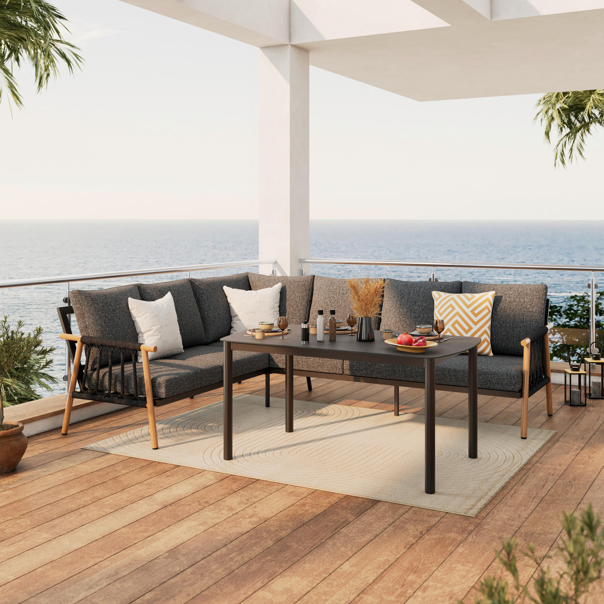 DINING-LOUNGESET 4-teilig  - Dunkelgrau/Naturfarben, Basics, Glas/Textil (265,5/80/205,5cm) - Ambia Garden