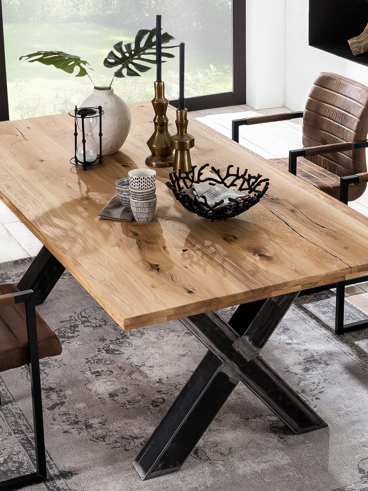 ESSTISCH 240/100/75 cm Echtholz  Holz, Metall rechteckig Naturfarben, Schwarz  - Schwarz/Naturfarben, MODERN, Holz/Metall (240/100/75cm) - MID.YOU