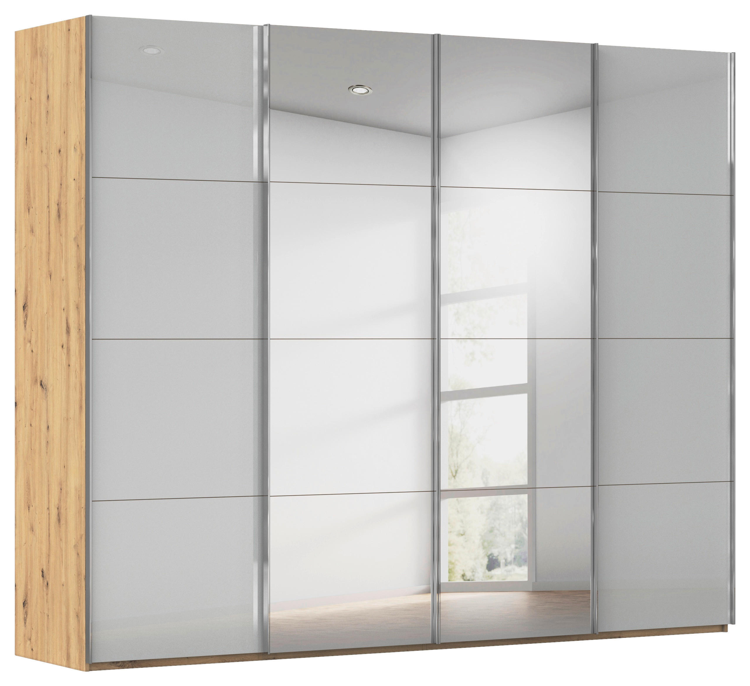 SCHWEBETÜRENSCHRANK Eiche Artisan, Seidengrau  - Chromfarben/Seidengrau, Design, Glas/Holzwerkstoff (271/235/68cm) - Novel