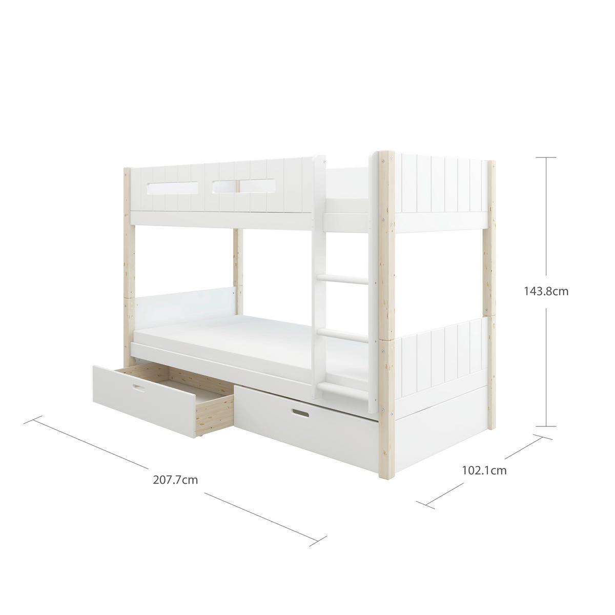 ETAGENBETT 90/200 cm,  in Absturzsicherung, Leiter, Rollroste, Bettschublade  - Naturfarben/Weiß, MODERN, Holz (90/200cm) - Chameo