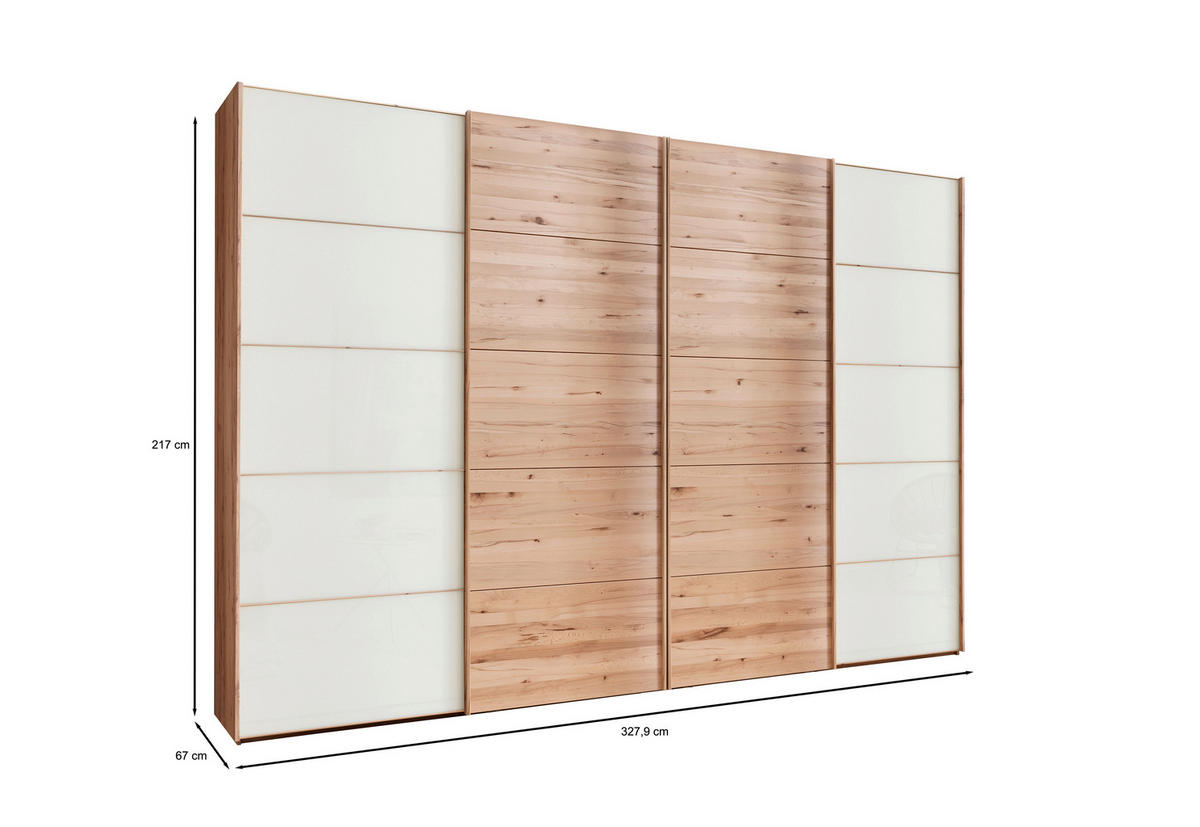 SCHWEBETÜRENSCHRANK 330/217/67 cm 4-türig Weiß, Buchefarben  - Buchefarben/Weiß, Natur, Glas/Holz (330/217/67cm) - Linea Natura