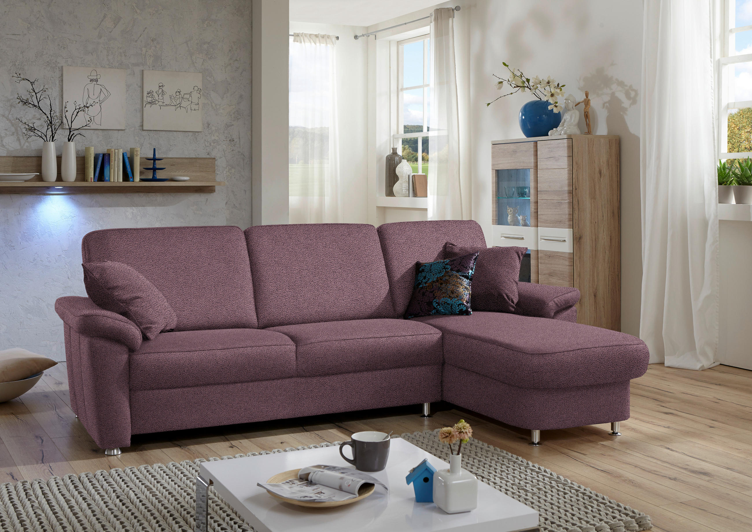 ECKSOFA in Flachgewebe Violett  - Chromfarben/Violett, Konventionell, Textil/Metall (250/163cm) - Beldomo System