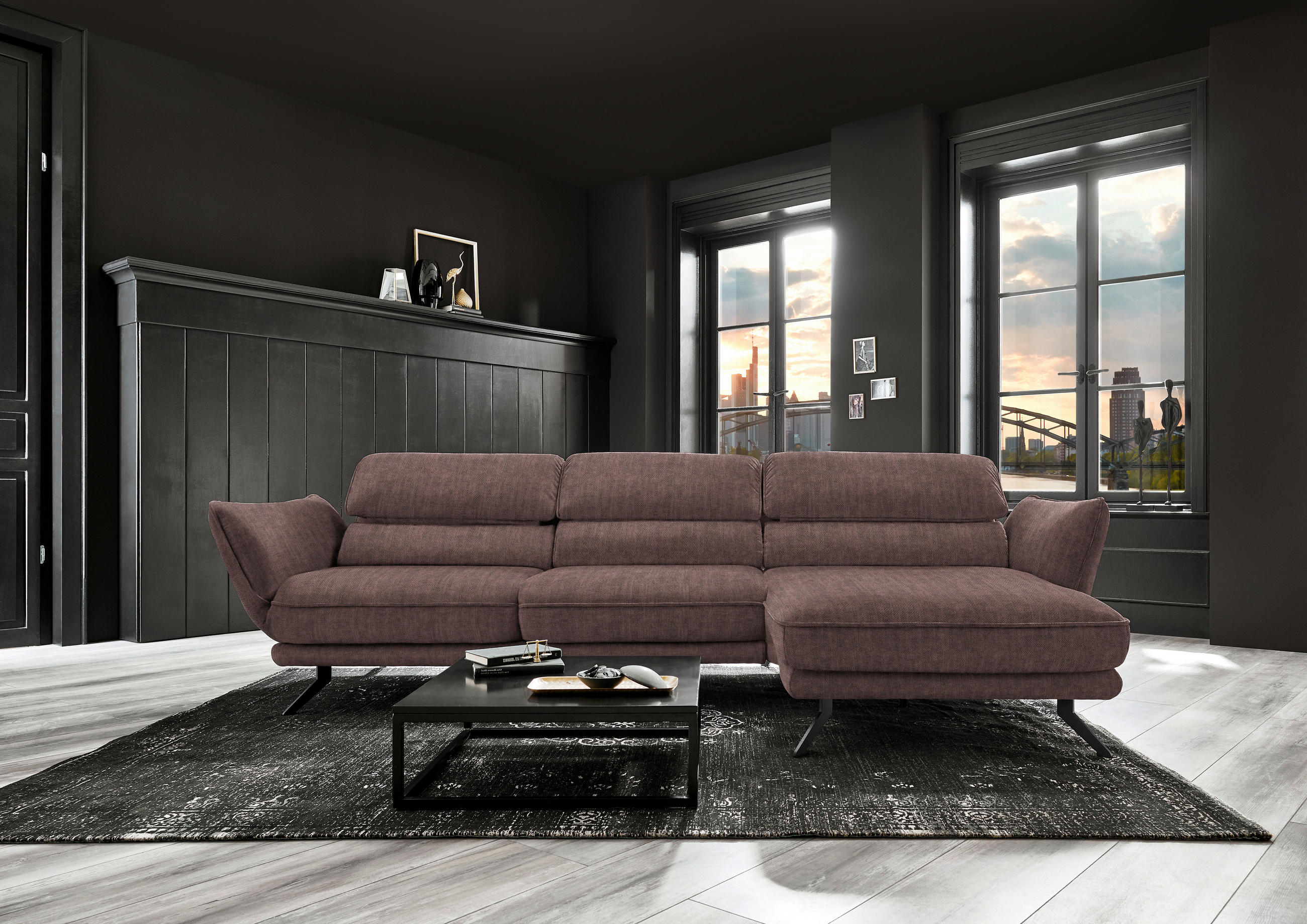 ECKSOFA in Velours Braun  - Schwarz/Braun, Design, Textil/Metall (283/153cm) - Valdera