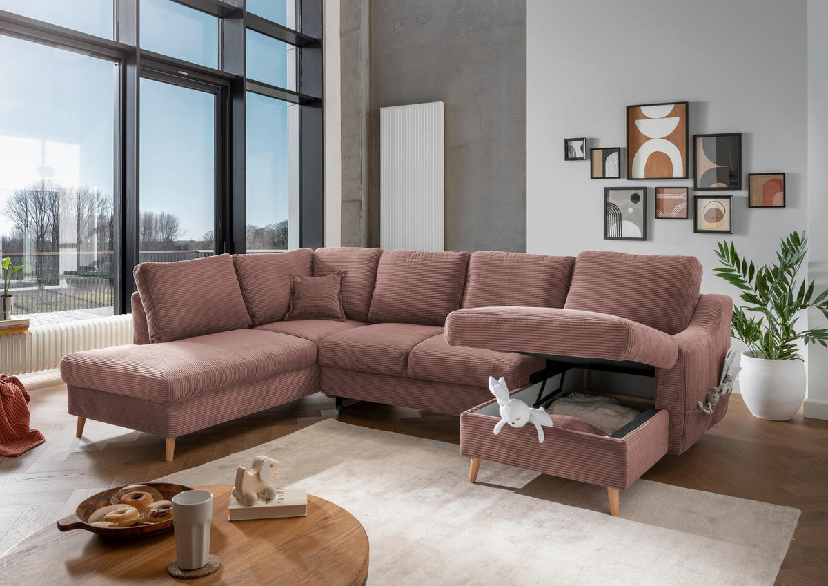 WOHNLANDSCHAFT in Cord Rosa  - Naturfarben/Rosa, Konventionell, Holz/Textil (200/301/150cm) - P & B