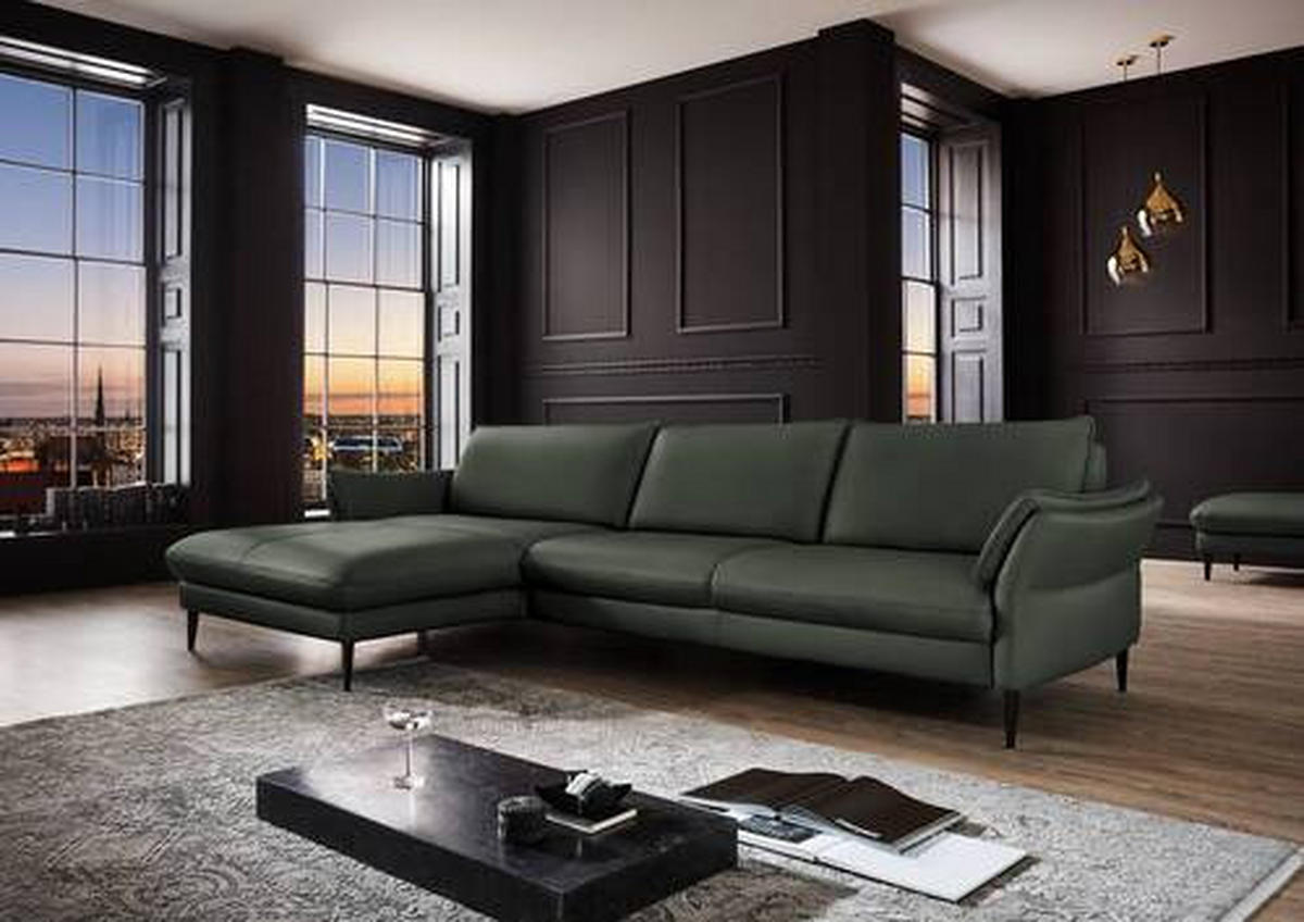 ECKSOFA in Echtleder Olivgrün  - Schwarz/Olivgrün, Design, Leder/Metall (172/334cm) - Valdera