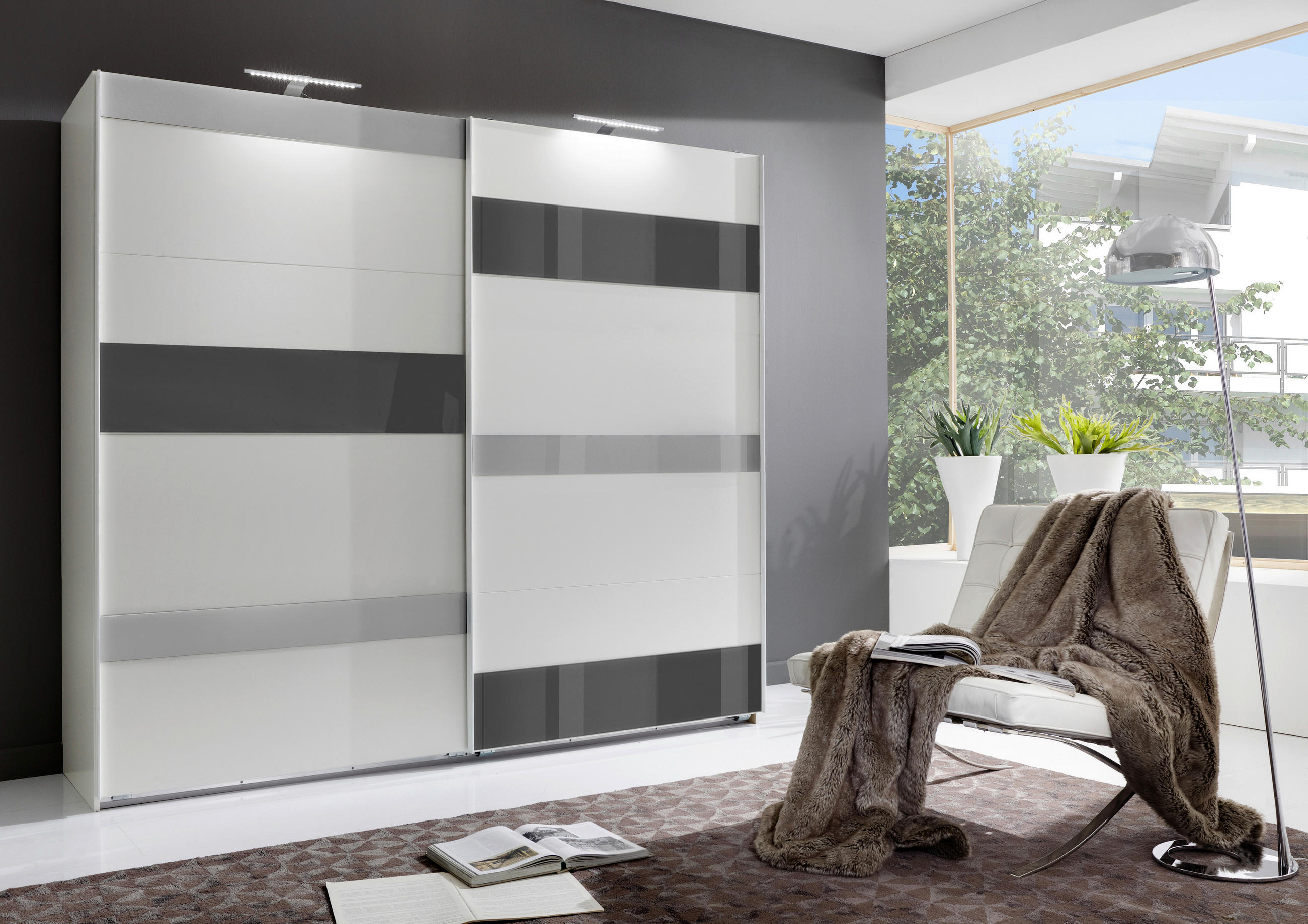 SCHWEBETÜRENSCHRANK in Grau, Weiss, Hellgrau - Weiss/Hellgrau, Modern, Glas/Holzwerkstoff (270/210/65cm) - MID.YOU