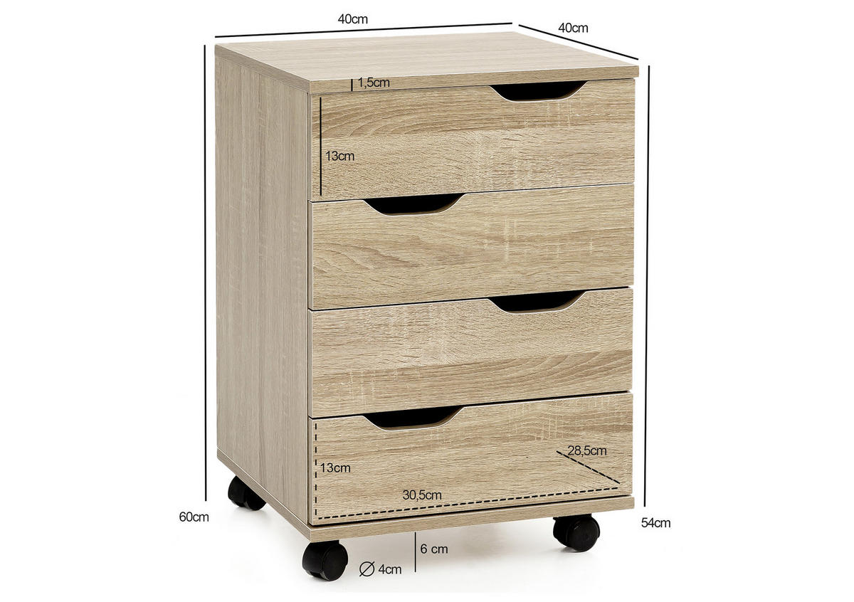 ROLLCONTAINER 40/60/40 cm  - Eichefarben, Modern, Holzwerkstoff/Kunststoff (40/60/40cm) - MID.YOU