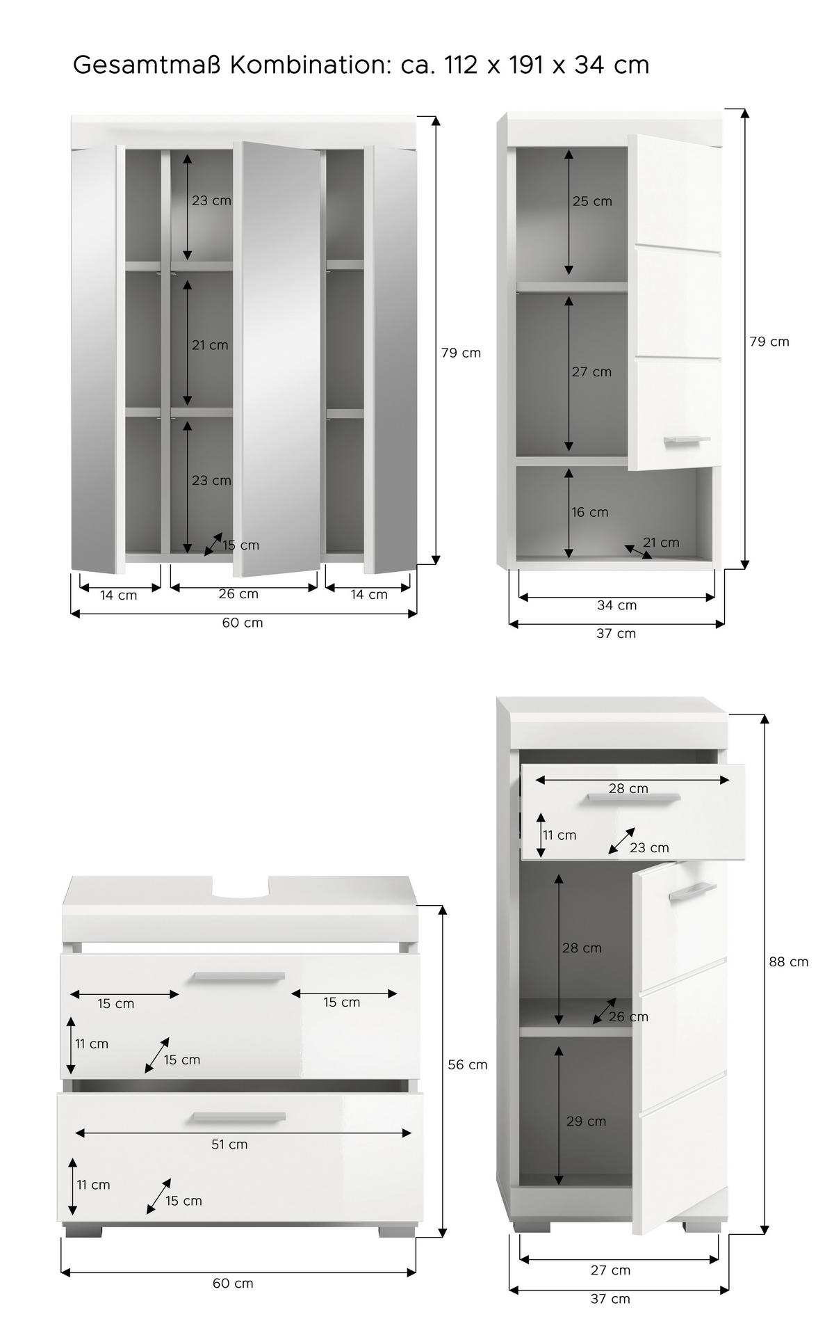 BADEZIMMER 4-teilig  in 97 cm  - Weiß Hochglanz/Silberfarben, MODERN, Glas/Holzwerkstoff (97cm) - MID.YOU