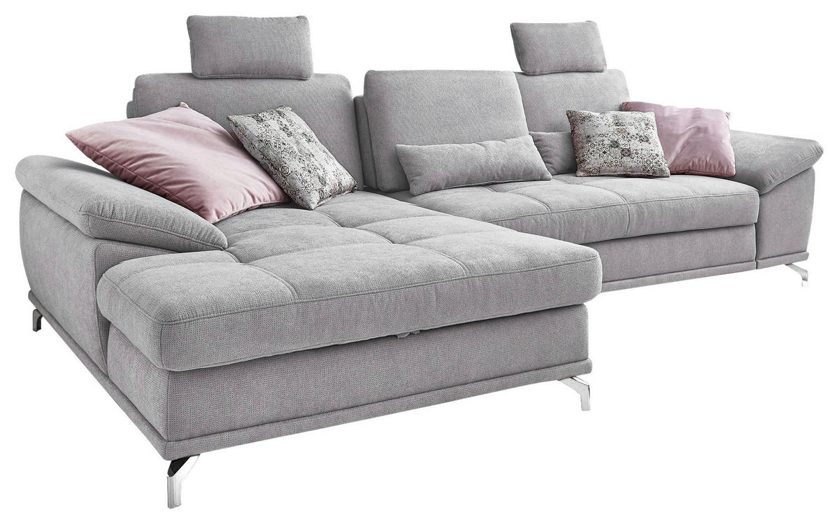 ECKSOFA Silberfarben Flachgewebe Bettkasten, Schlaffunktion, Sitztiefenverstellung, Kopfstütze, Liegefläche im Originalstoff  - Silberfarben, KONVENTIONELL, Textil/Metall (176/301cm) - Sit & More