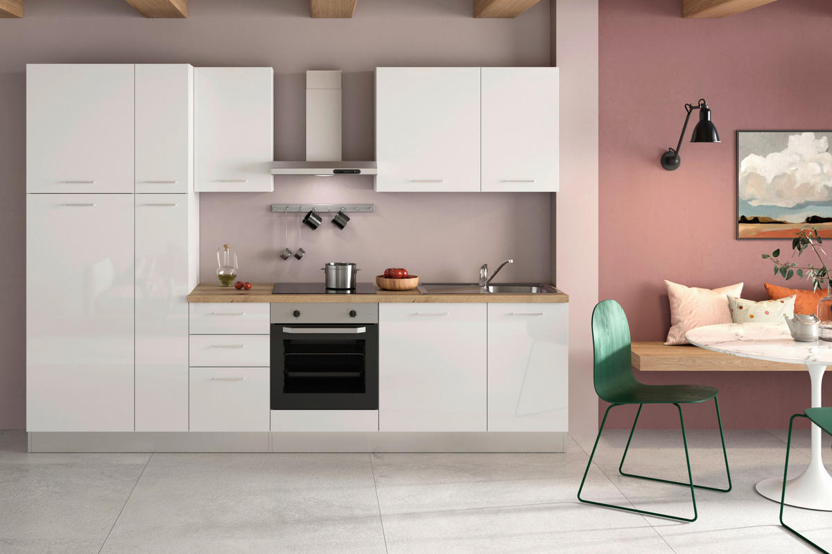 BLOK KUHINJA SA APARATIMA  bela visoki sjaj  - boja aluminijuma/boja hrasta, Lajfstajl, metal/pločasti materijal (300/216/60cm) - Italstyle