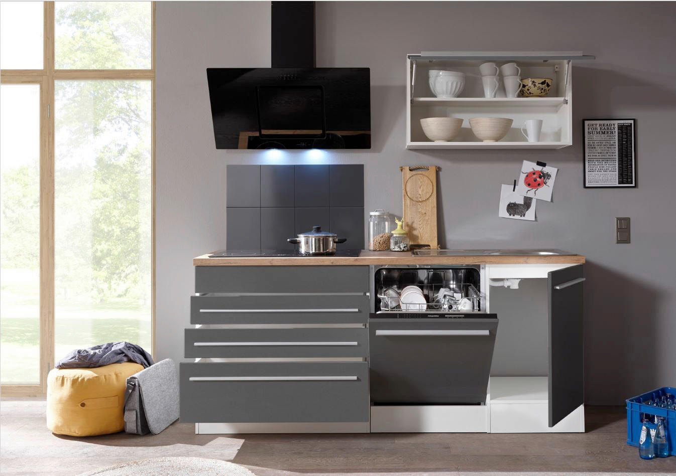 KÜCHENBLOCK 320 cm in Grau, Weiß, Wildeiche - Wildeiche/Edelstahlfarben, Basics, Holzwerkstoff/Kunststoff (320cm) - Respekta